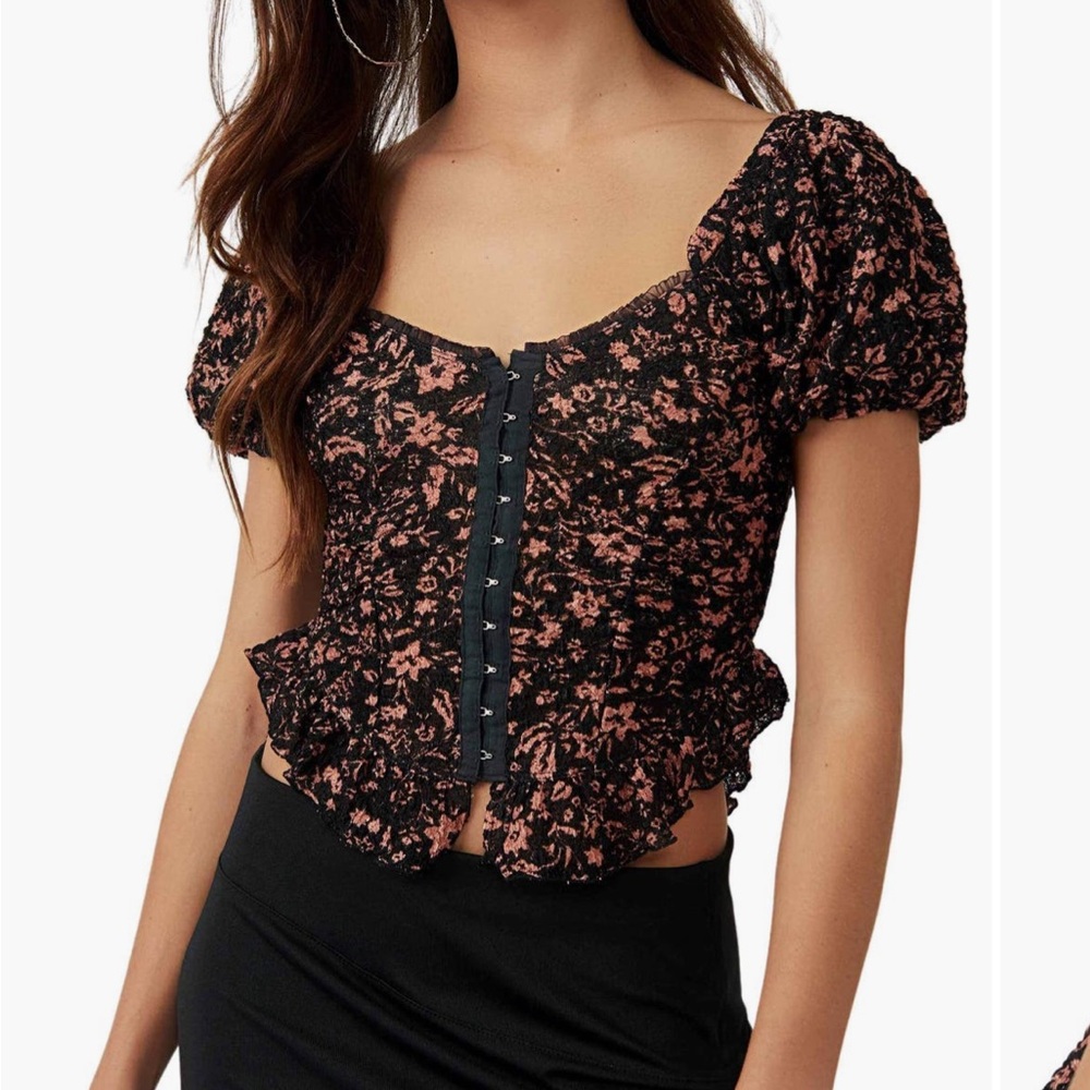 Free People Floral Puff Sleeve Top - Black and Pink